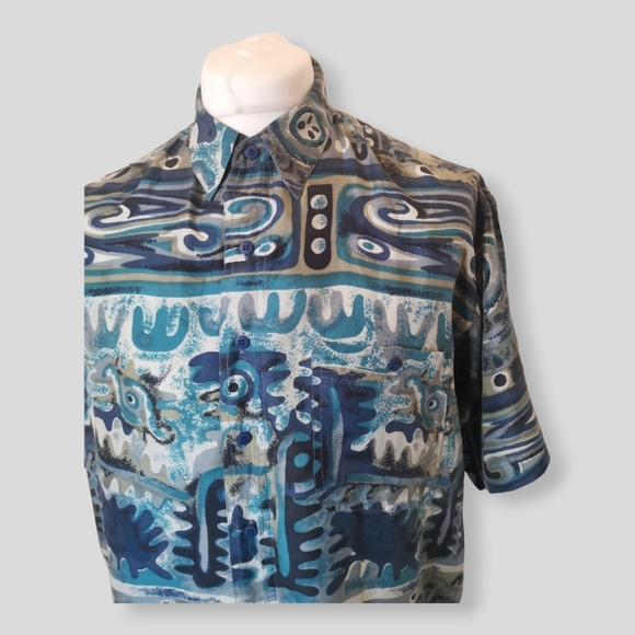 Abstract Pattern Shirt Mens Size L Blue Short Sleeve Silk Button Up Shirt - Picture 2 of 6